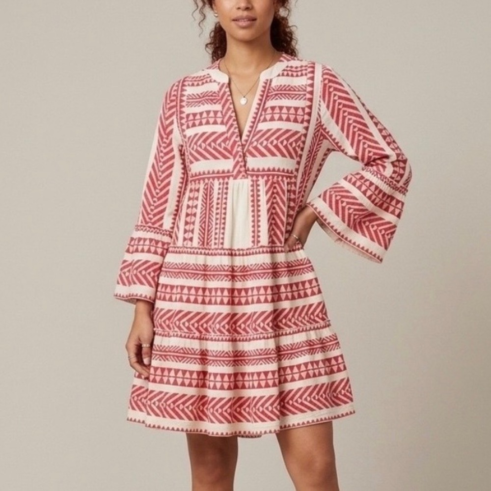 Devotion Twins Ella Red White Embroidered Jacquard Tiered Mini Dress XS